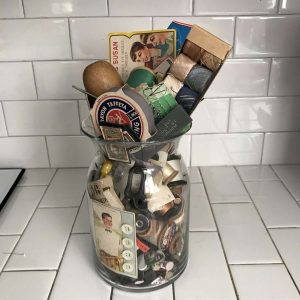 Vintage Sewing Notions display Jar full of many pieces advertising  farmhouse display Collectible jar of Notions Lot 3