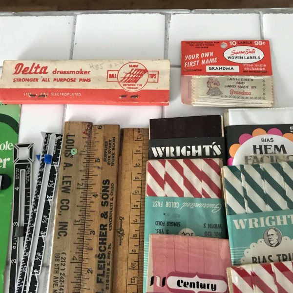 Vintage Sewing Notions display Lot 5 Sewing Notions 25 pieces advertising collectible farmhouse display hemming tapes wax scissors needles +