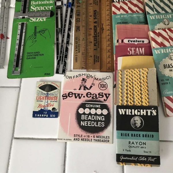 Vintage Sewing Notions display Lot 5 Sewing Notions 25 pieces advertising collectible farmhouse display hemming tapes wax scissors needles +