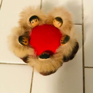 Vintage Sewing Notions Eskimo pincushion made in Alaska Fur fabric and wooden faces collectible farmhouse display movie prop gift display