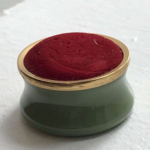 Vintage Sewing Notions Fine Birmingham Enamels Toye Kenning & Spencer England Green base burgundy velvet collectible farmhouse display gift