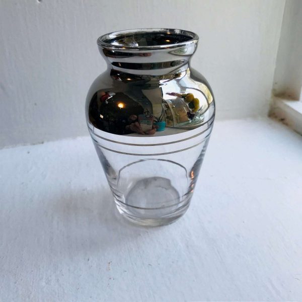 Vintage small glass vase trimmed out with a silver overlay top and silver stripes collectible farmhouse display Stunning