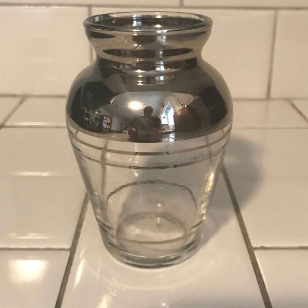 Vintage small glass vase trimmed out with a silver overlay top and silver stripes collectible farmhouse display Stunning