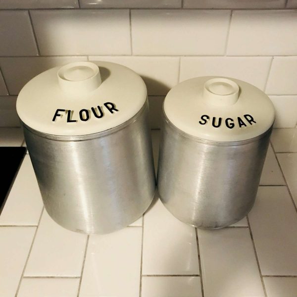 Vintage spun aluminum Flour & Sugar canister pair retro kitchen collectible display farmhouse mod atomic retro aluminum storage