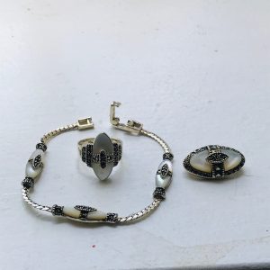 Vintage Sterling Silver 3 piece jewelry set with mother of pearl & marcasite ring brooch pin bracelet