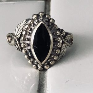 Vintage Sterling Silver and Onyx Marquis shaped Center stone ornate band Statement Ring collectible .925 Jewelry size 6