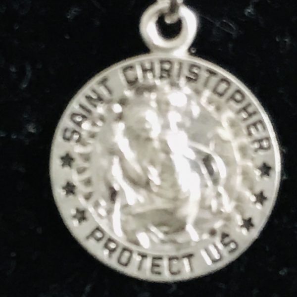 Vintage Sterling Silver chain with St. Christopher Protect Us Pendant necklace 2.7 grams 18" chain red garnetstoneSterling