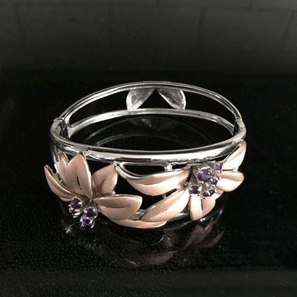 Vintage Sterling silver cuff bracelet with Amethyst stone Flower Centers rose gold flowers and safety clasp