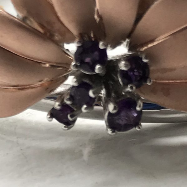 Vintage Sterling silver cuff bracelet with Amethyst stone Flower Centers rose gold flowers and safety clasp