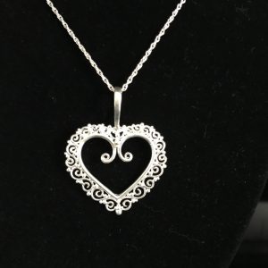 Vintage Sterling Silver Filigree Heart Pendant drop necklace with sterling chain Ornate detail