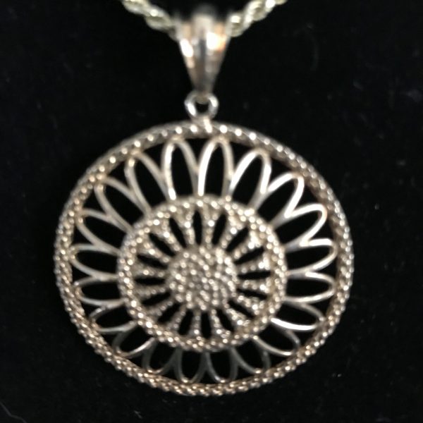 Vintage Sterling Silver Gold Washed Pendant & rope chain necklace with 24" recitulated pattern drop Ornate .925 Milor Italy