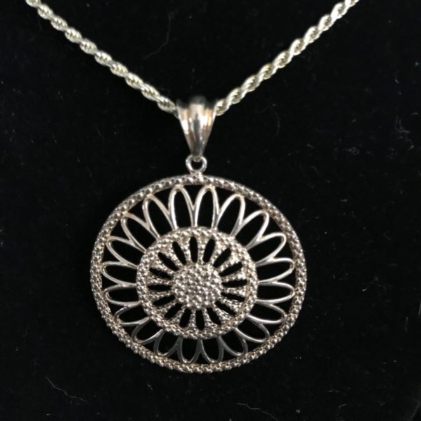 Vintage Sterling Silver Gold Washed Pendant & rope chain necklace with 24" recitulated pattern drop Ornate .925 Milor Italy