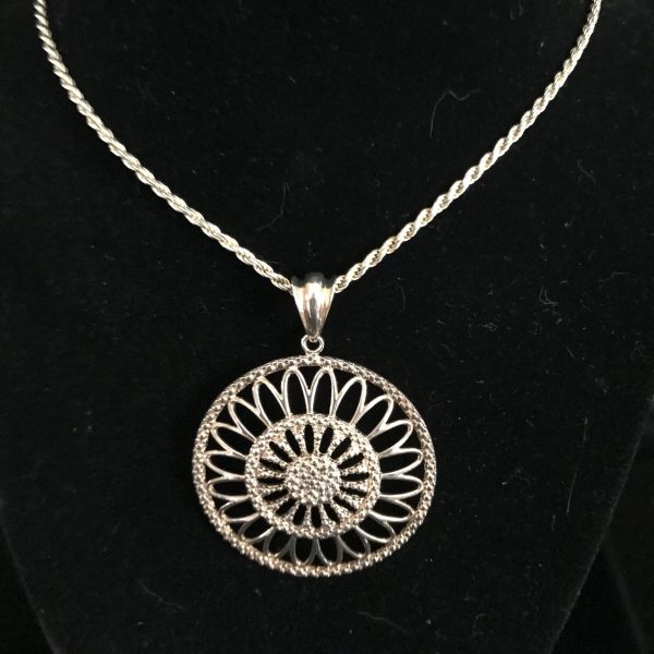 Vintage Sterling Silver Gold Washed Pendant & rope chain necklace with 24" recitulated pattern drop Ornate .925 Milor Italy