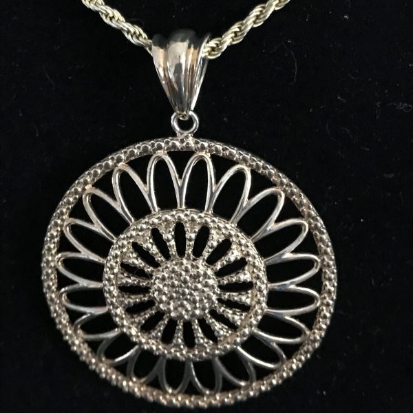 Vintage Sterling Silver Gold Washed Pendant & rope chain necklace with 24" recitulated pattern drop Ornate .925 Milor Italy