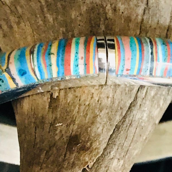 Vintage Sterling Silver jewelry bangle with multi slices of inset polished stones 2 3/8" across opening spring clip closure