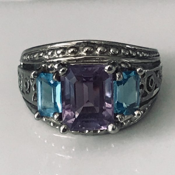 Vintage Sterling Silver Ring Faceted Ornate band Amethyst center with aquamarine side stones size 7 marked .925