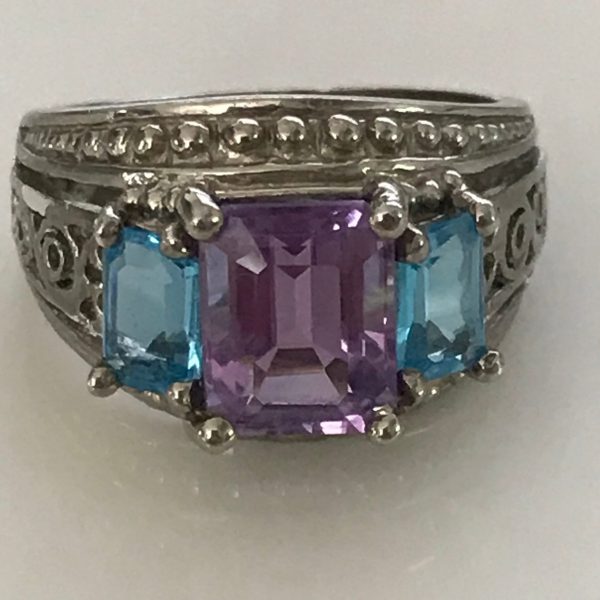 Vintage Sterling Silver Ring Faceted Ornate band Amethyst center with aquamarine side stones size 7 marked .925