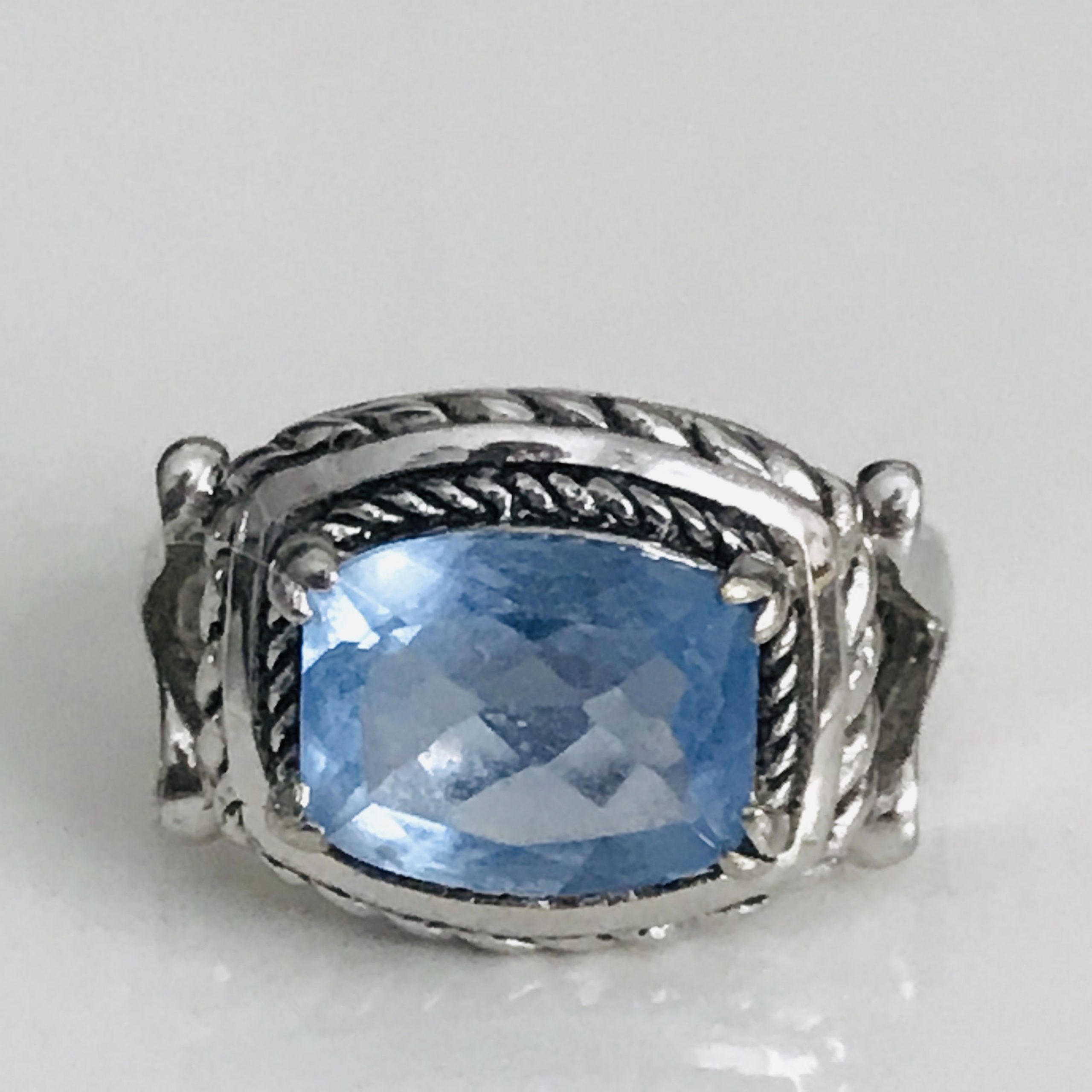 Vintage Sterling Silver Ring Faceted periwinkle blue prong set cushion ...