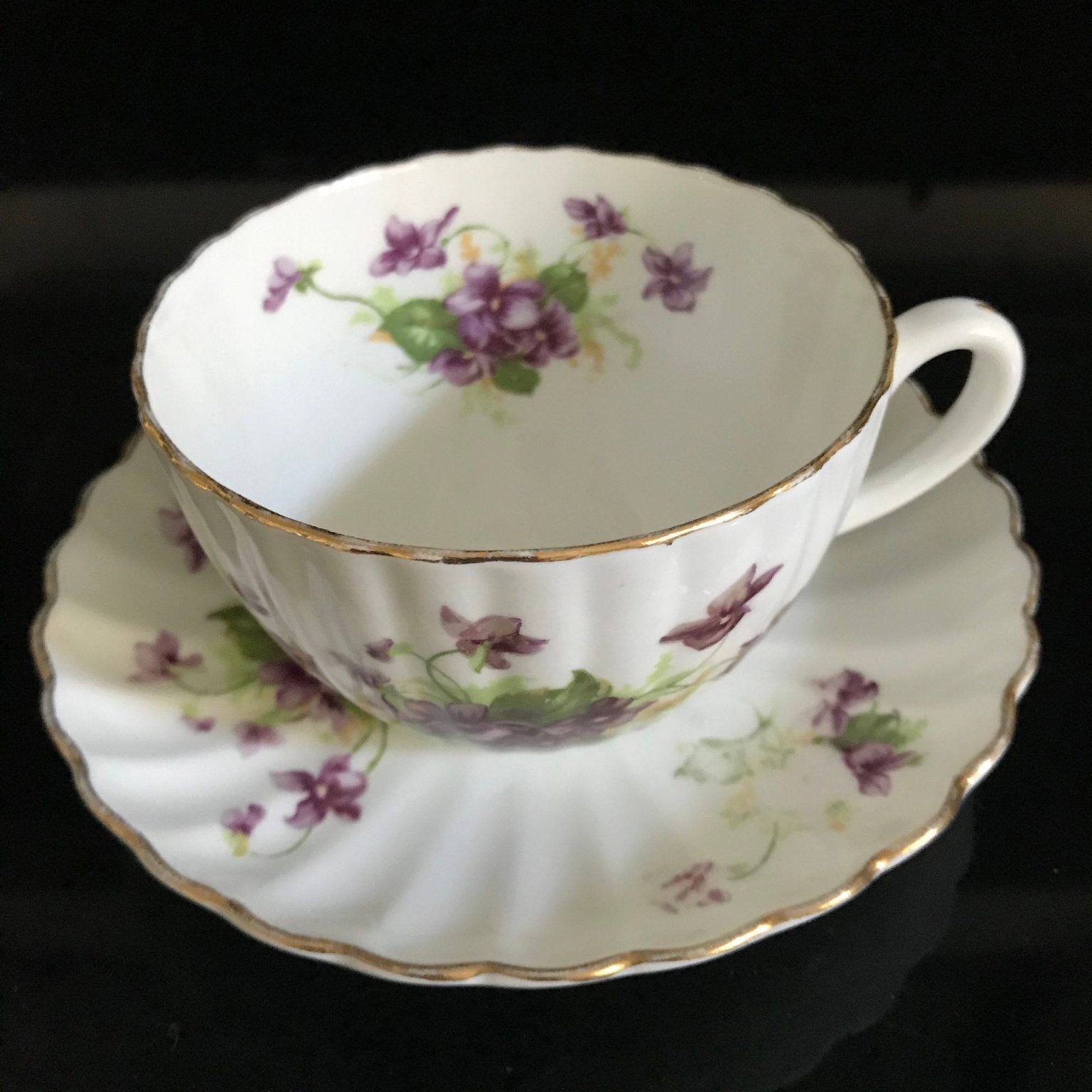 Vintage Tea Cup And Saucer Radfords England Fine Bone China Purple Violets Heavily Scalloped