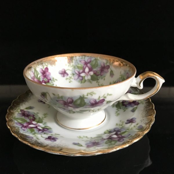 Vintage tea cup and saucer Royal Sealy Japan Fine bone china purple Violets yellow centers heavy gold trim farmhouse collectible display