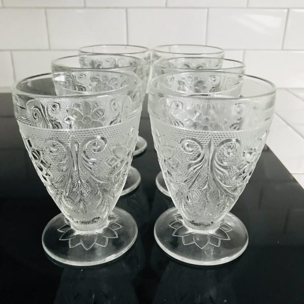 Vintage Tiara glass pedestal tumblers clear sandwich pattern 10 oz. water goblets Indiana Glass Co.