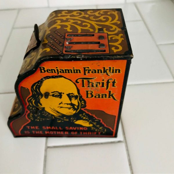 Vintage tin litho Ben Franklin mechanical bank Thrift bank dimes nickels quarters pull lever add total open side door farmhouse collectible
