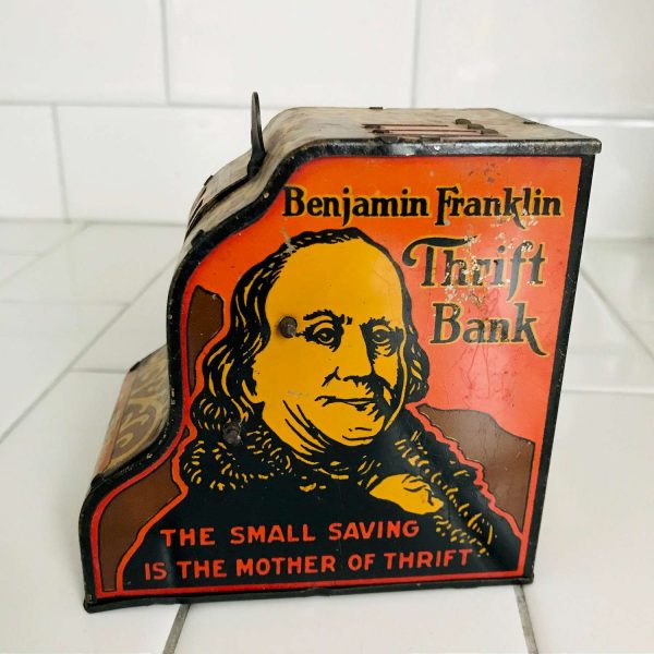 Vintage tin litho Ben Franklin mechanical bank Thrift bank dimes nickels quarters pull lever add total open side door farmhouse collectible