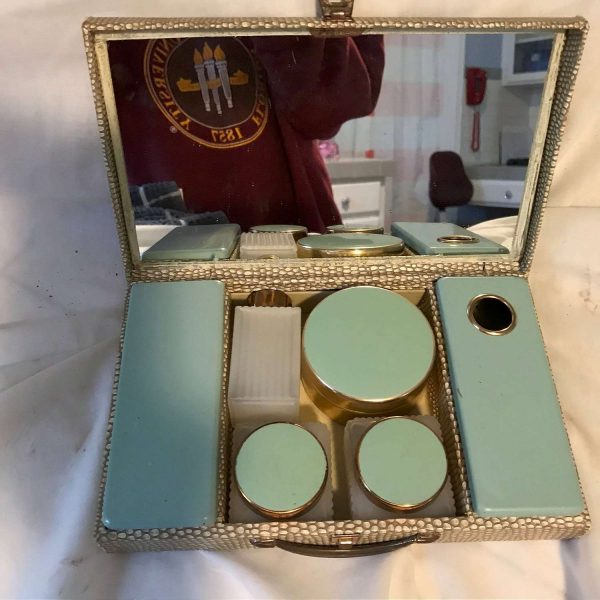 Vintage Train Travel Case Overnight Cosmetic Bag Leather Suitcase glass bottles trimmed in Aqua Mid Century Metal lids Snakeskin exterior