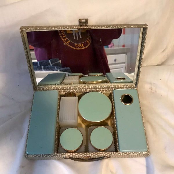 Vintage Train Travel Case Overnight Cosmetic Bag Leather Suitcase glass bottles trimmed in Aqua Mid Century Metal lids Snakeskin exterior