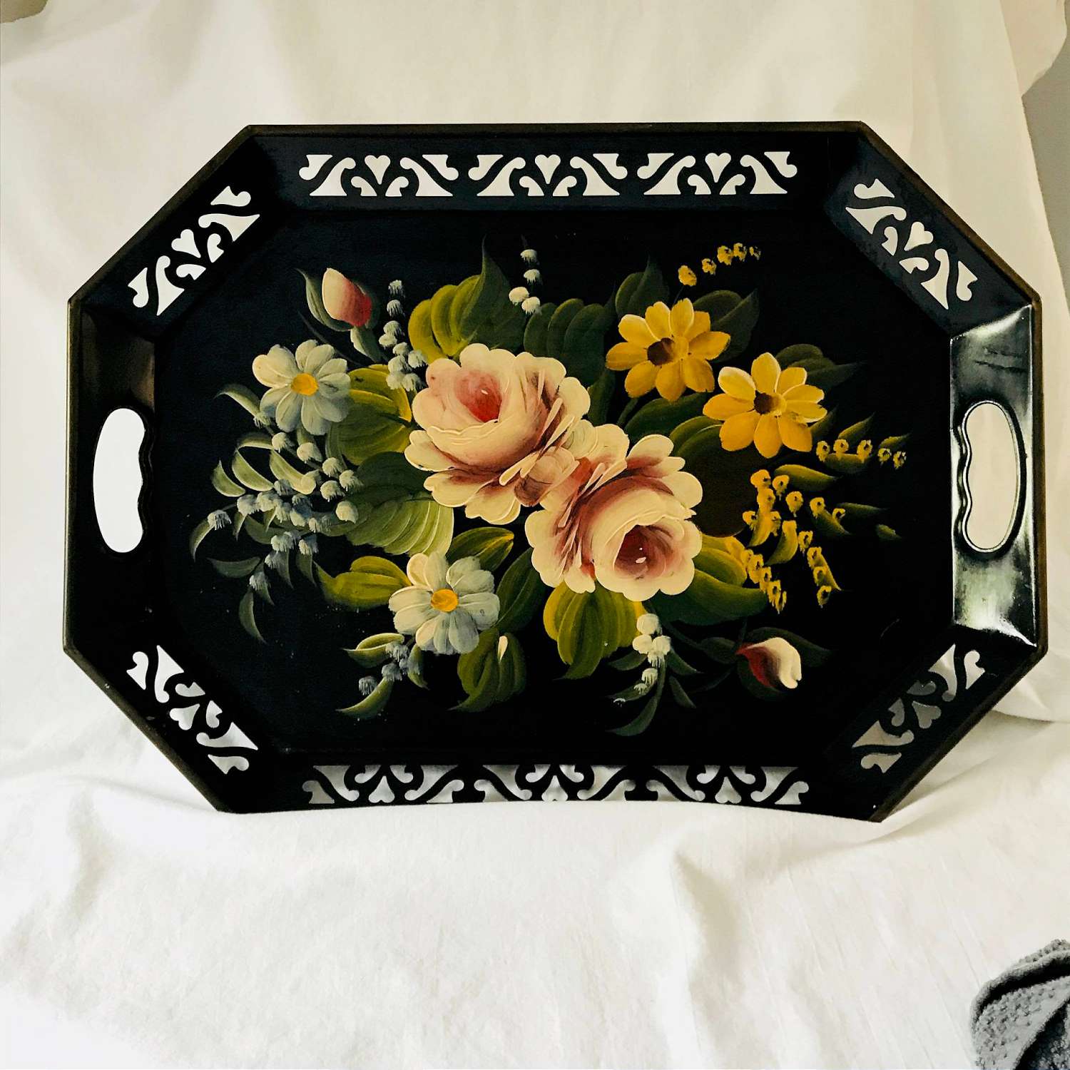 Vintage Tray Tole painted metal large serving tray Mid Century