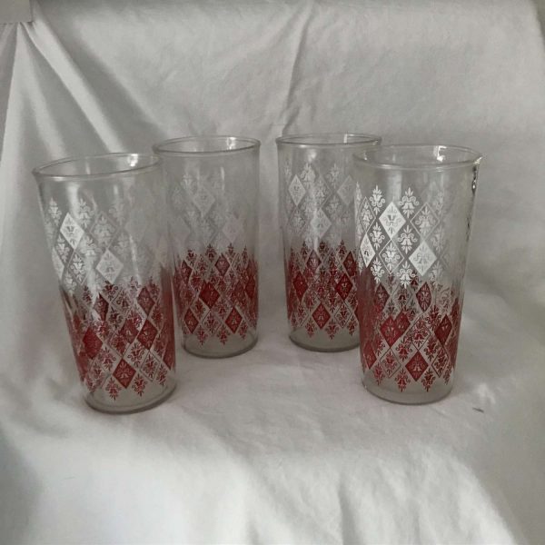 Vintage Tumblers Set of 4 Red & White Large Iced Tea Glasses Lemonade Farmhouse Retro Kitchen display Mid Century sturdy