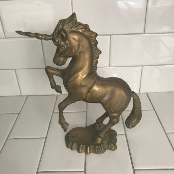 Vintage Unicorn Figurine Solid Brass great detail fine quality whimsical collectible display 9 1/2" tall 10" across