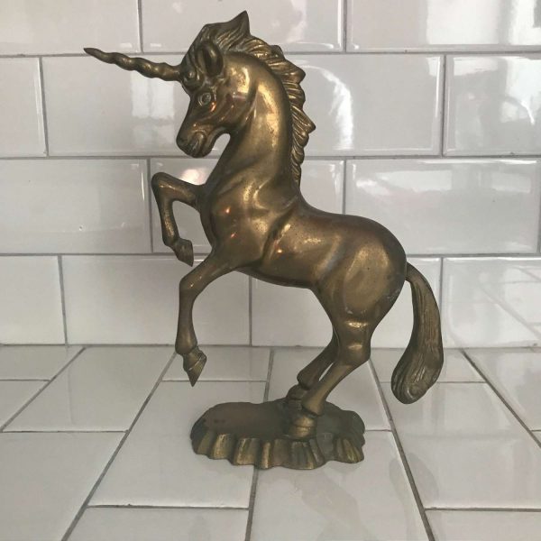 Vintage Unicorn Figurine Solid Brass great detail fine quality whimsical collectible display 9 1/2" tall 10" across