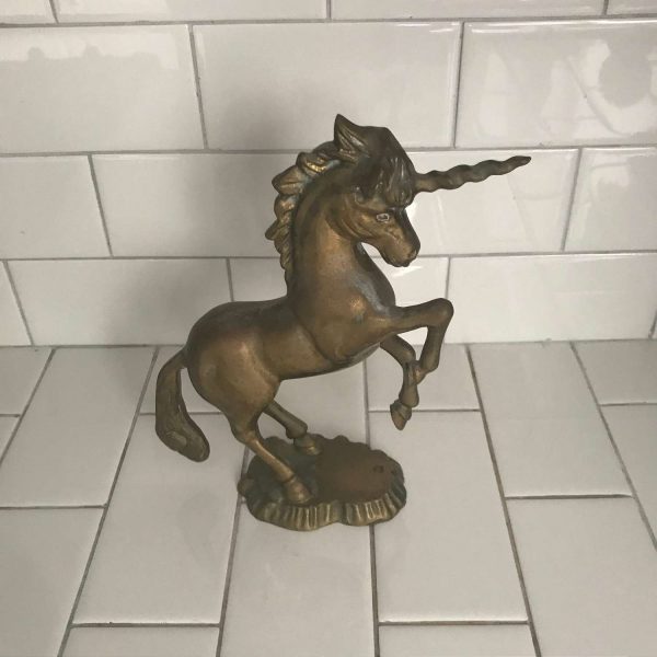 Vintage Unicorn Figurine Solid Brass great detail fine quality whimsical collectible display 9 1/2" tall 10" across