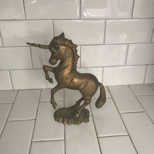 Vintage Unicorn Figurine Solid Brass great detail fine quality whimsical collectible display 9 1/2" tall 10" across