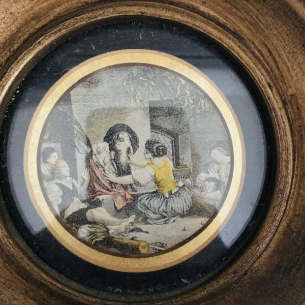 Vintage wall decor 18th century prints miniature people detailed gold wooden round frames farmhouse collectible display Victorian