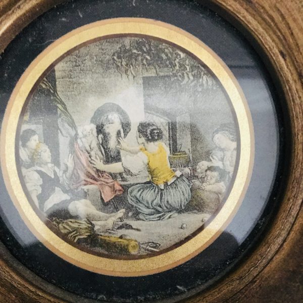 Vintage wall decor 18th century prints miniature people detailed gold wooden round frames farmhouse collectible display Victorian