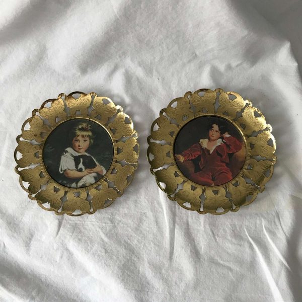 Vintage Wall Decor England Victorian girl and boy round portraits butterfly embossed brass frames collectible display farmhouse