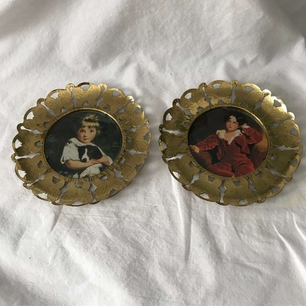 Vintage Wall Decor England Victorian girl and boy round portraits butterfly embossed brass frames collectible display farmhouse