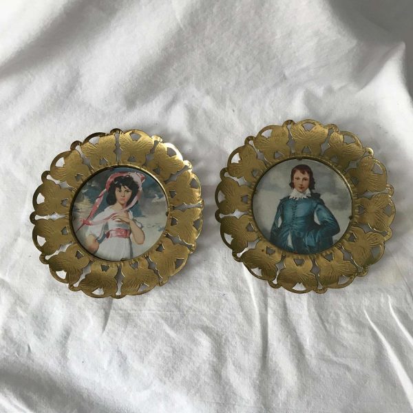 Vintage Wall Decor England Victorian Pinky & Blue Boy round portraits butterfly embossed brass frames collectible display farmhouse