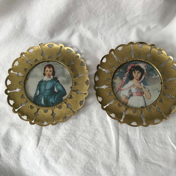 Vintage Wall Decor England Victorian Pinky & Blue Boy round portraits butterfly embossed brass frames collectible display farmhouse