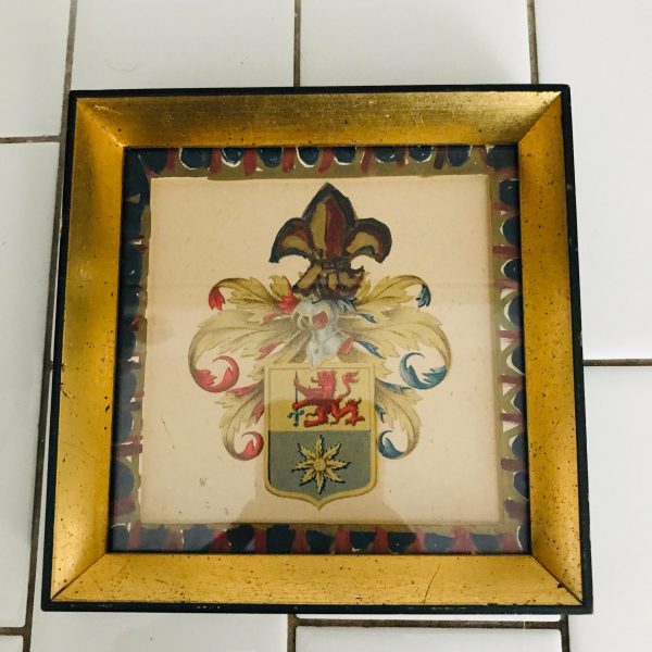 Vintage wall decor miniature Crest Gold gilt navy and red ornate matting black wooden frame farmhouse collectible display