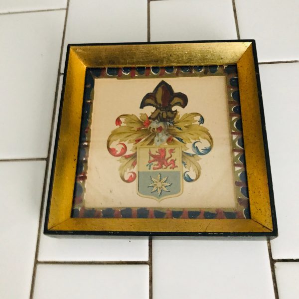 Vintage wall decor miniature Crest Gold gilt navy and red ornate matting black wooden frame farmhouse collectible display