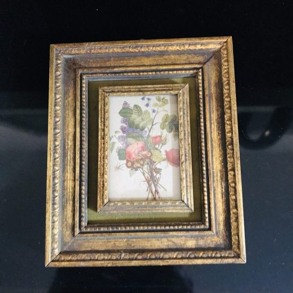 Vintage wall decor miniature floral print ornate gold wooden frame farmhouse collectible display