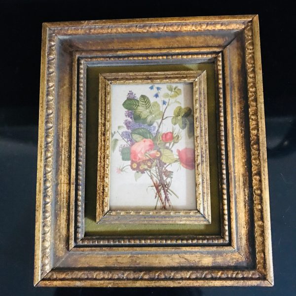 Vintage wall decor miniature floral print ornate gold wooden frame farmhouse collectible display