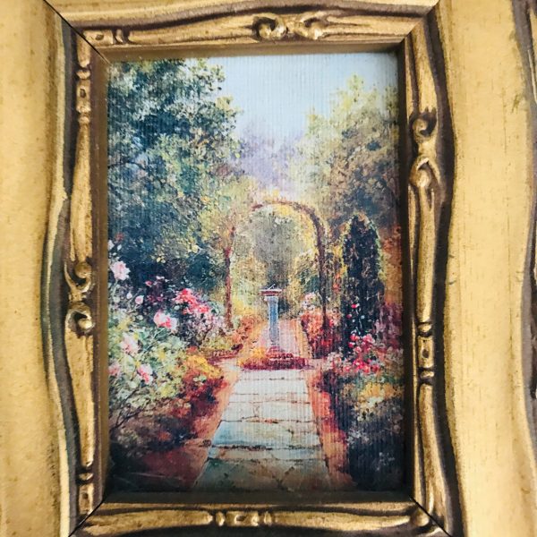 Vintage wall decor on canvas miniature pastels small print gold wooden frame farmhouse collectible dainty garden entrance landscape