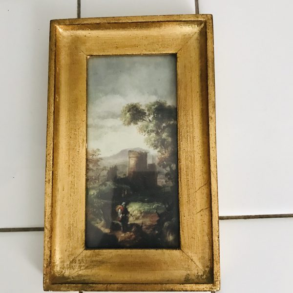 Vintage wall decor print miniature landscape Florentia Italy gold wooden 18th Century farmhouse collectible display wall art