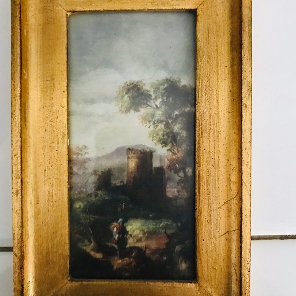 Vintage wall decor print miniature landscape Florentia Italy gold wooden 18th Century farmhouse collectible display wall art