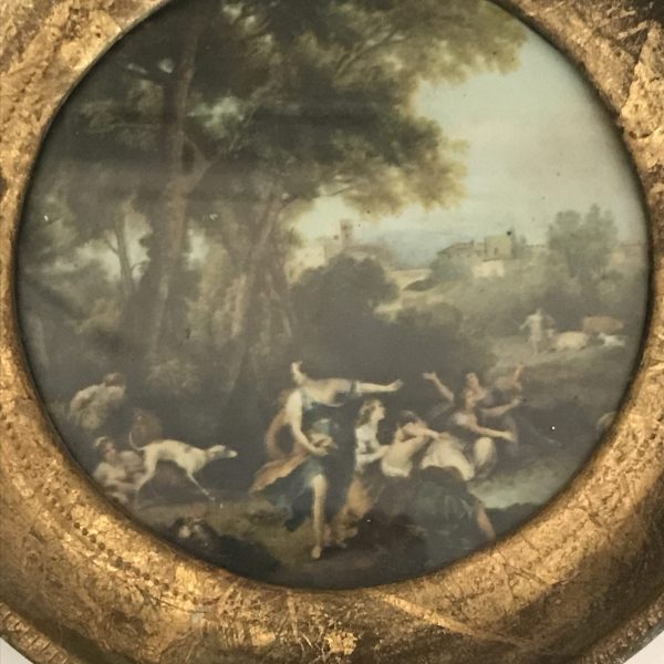 Vintage wall decor print miniature landscape people and animals detailed Florentia Italy gold wooden Round frame farmhouse collectible