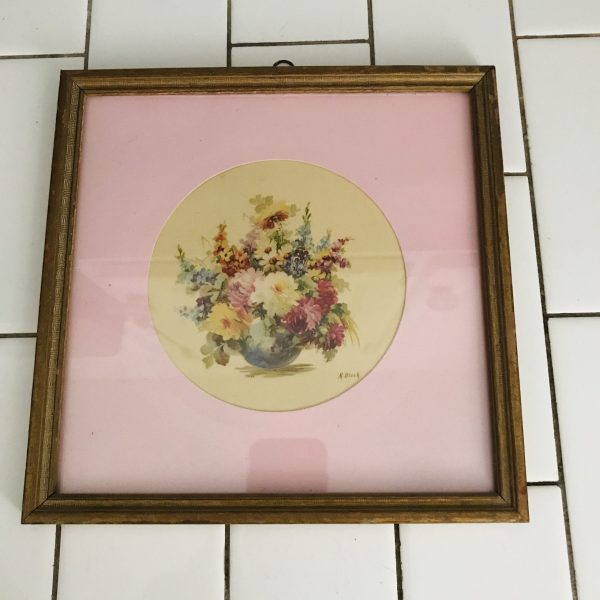 Vintage wall decor Still Life Floral M. Black 1940's pastels small prints framed with pink mat farmhouse collectible dainty flowers